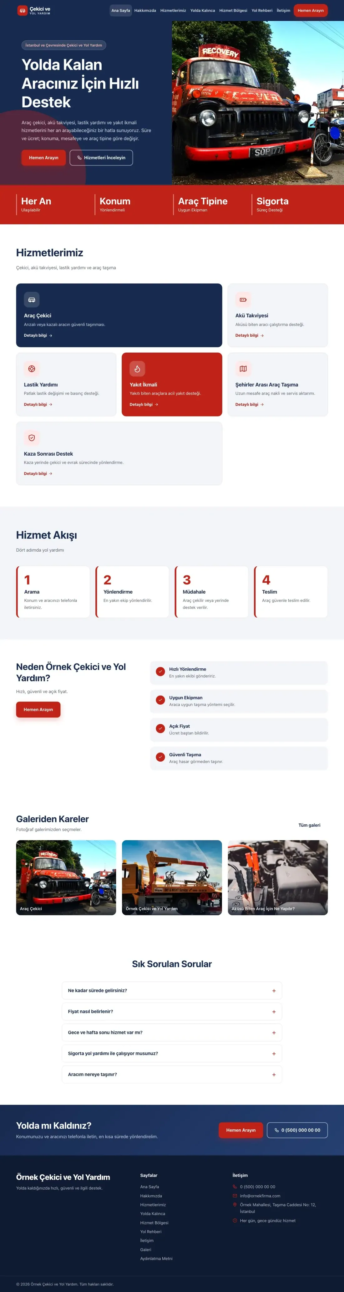 Çekici ve Yol Yardım için Blok Mavi Kırmızı – Çekici ve Yol Yardım Web Sitesi ana sayfa görünümü
