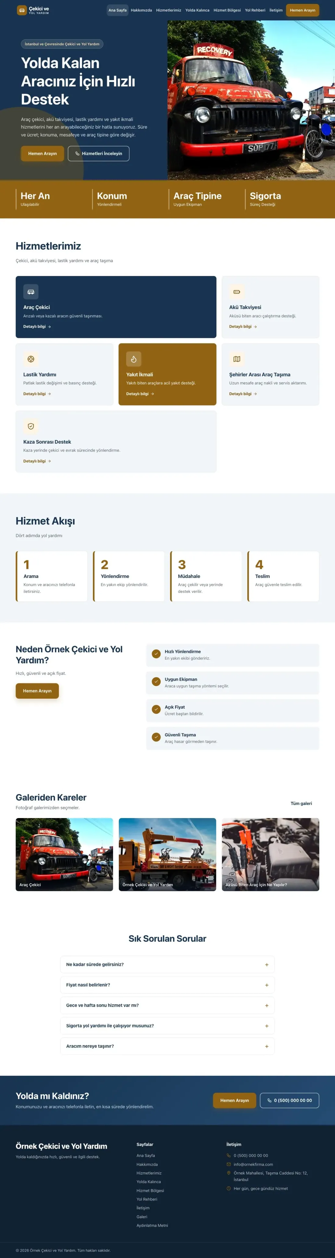 Çekici ve Yol Yardım için Blok Mavi Turuncu – Çekici ve Yol Yardım Web Sitesi ana sayfa görünümü