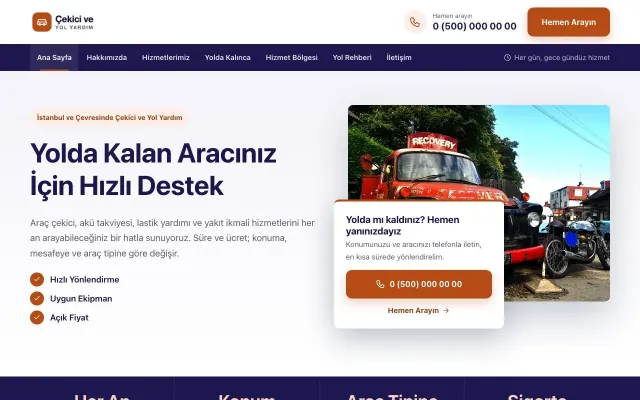 Çekici ve Yol Yardım için Bölünmüş Lacivert Turuncu – Çekici ve Yol Yardım Web Sitesi ana sayfa görünümü