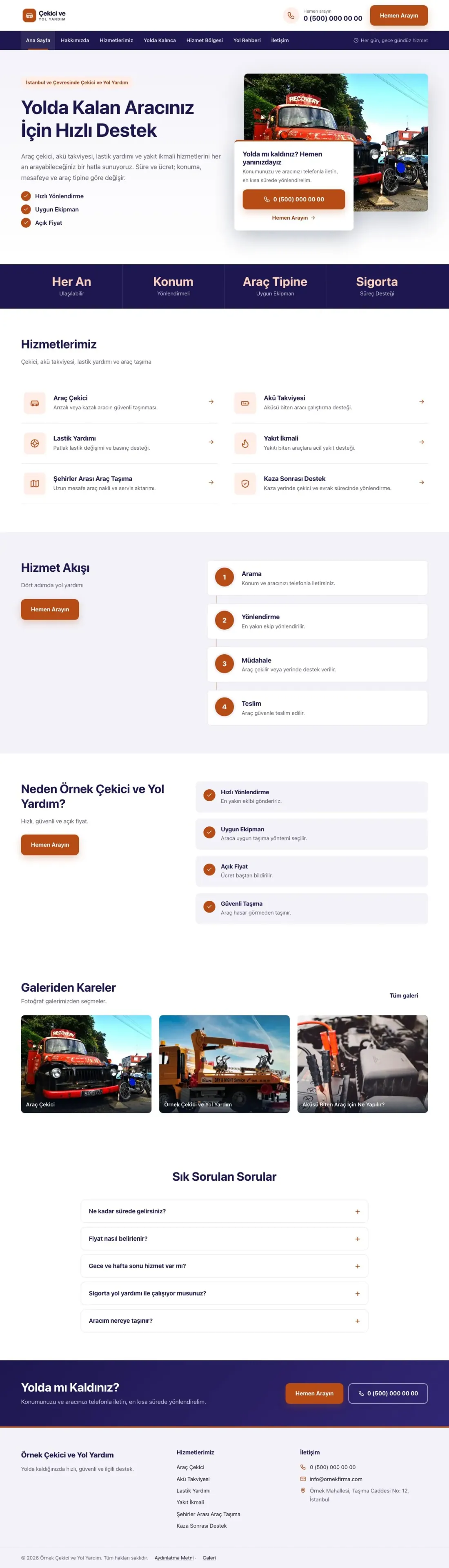 Çekici ve Yol Yardım için Bölünmüş Lacivert Turuncu – Çekici ve Yol Yardım Web Sitesi ana sayfa görünümü