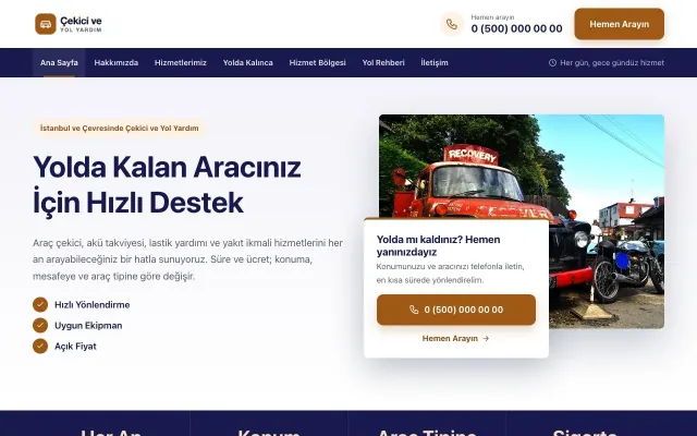 Çekici ve Yol Yardım için Bölünmüş Lacivert Turuncu II – Çekici ve Yol Yardım Web Sitesi ana sayfa görünümü