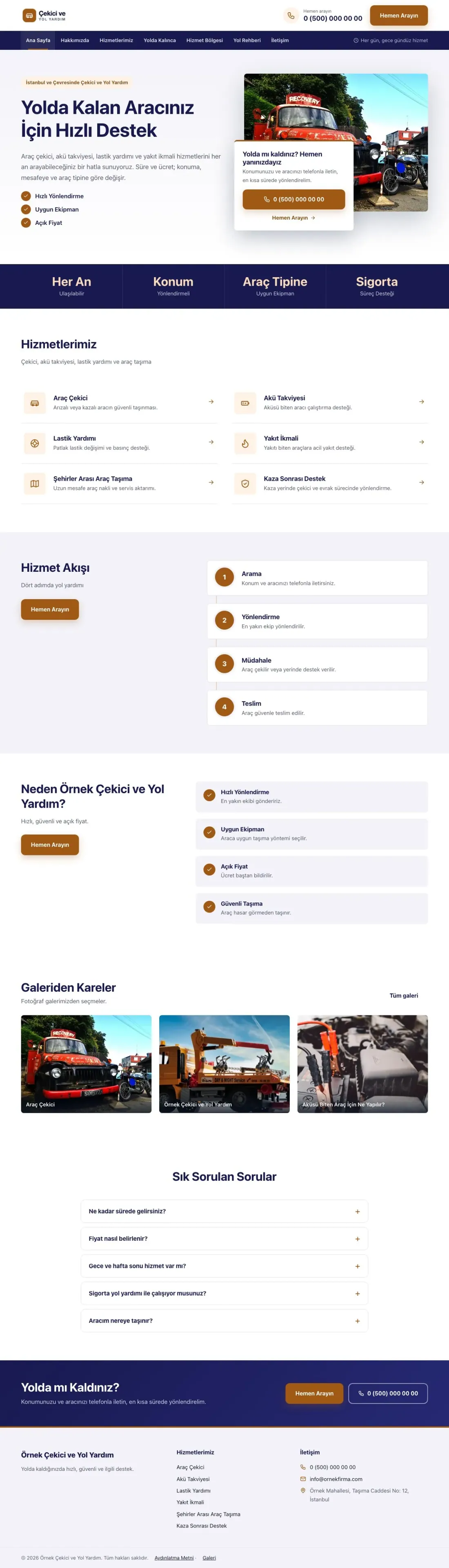 Çekici ve Yol Yardım için Bölünmüş Lacivert Turuncu II – Çekici ve Yol Yardım Web Sitesi ana sayfa görünümü