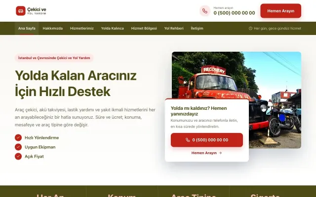 Çekici ve Yol Yardım için Bölünmüş Zeytin Kırmızı – Çekici ve Yol Yardım Web Sitesi ana sayfa görünümü