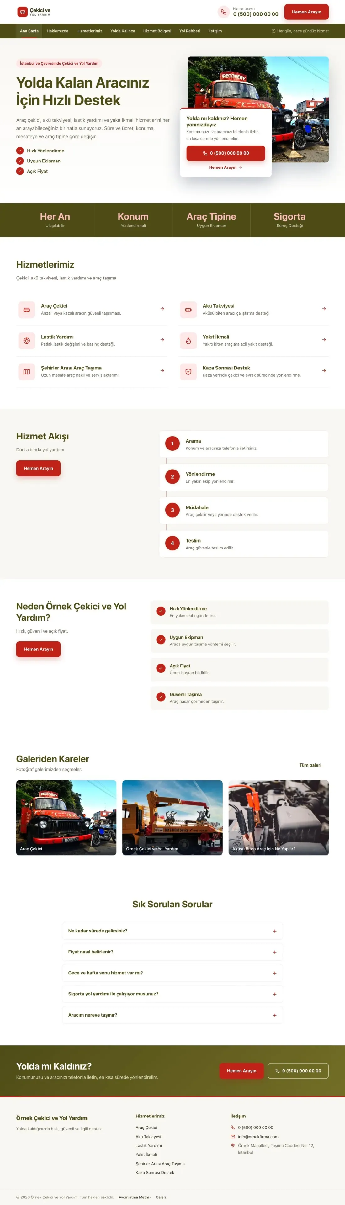Çekici ve Yol Yardım için Bölünmüş Zeytin Kırmızı – Çekici ve Yol Yardım Web Sitesi ana sayfa görünümü