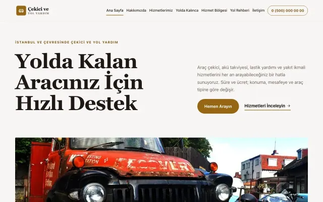 Çekici ve Yol Yardım için Dergi Editoryal Kahve Turuncu – Çekici ve Yol Yardım Web Sitesi ana sayfa görünümü