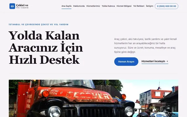 Çekici ve Yol Yardım için Dergi Editoryal Mor Mavi – Çekici ve Yol Yardım Web Sitesi ana sayfa görünümü