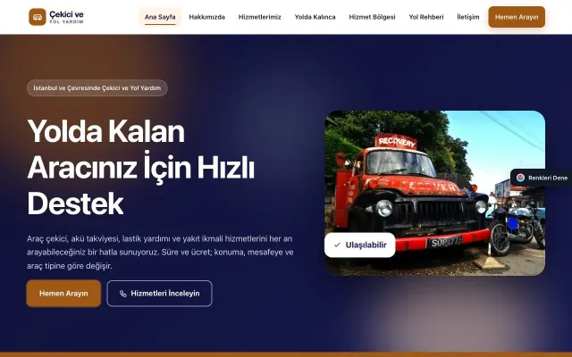 Çekici ve Yol Yardım için Hareketli Lacivert Turuncu – Çekici ve Yol Yardım Web Sitesi ana sayfa görünümü