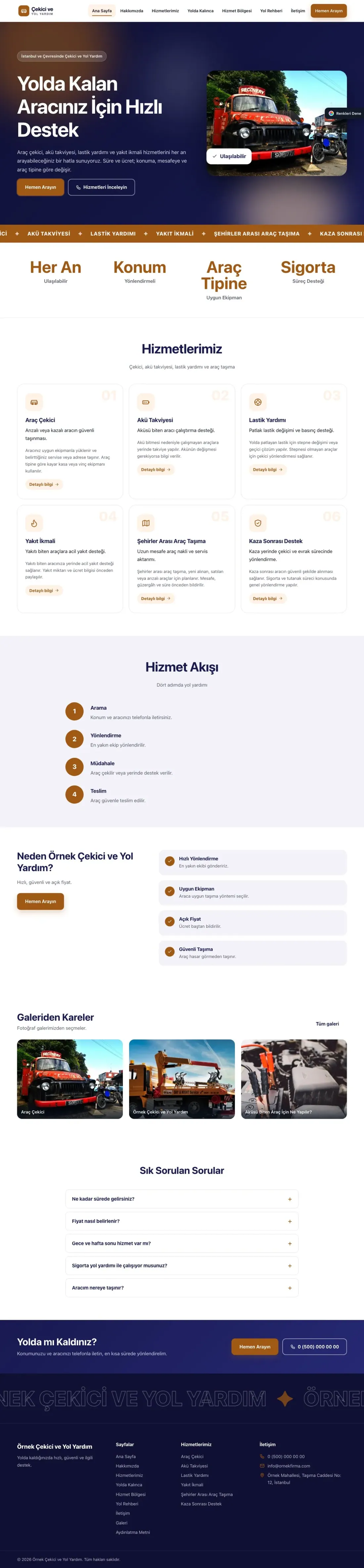 Çekici ve Yol Yardım için Hareketli Lacivert Turuncu – Çekici ve Yol Yardım Web Sitesi ana sayfa görünümü