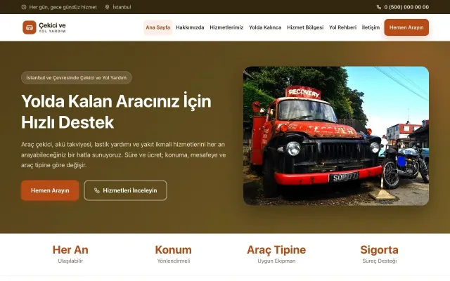 Çekici ve Yol Yardım için Klasik Kahve Turuncu – Çekici ve Yol Yardım Web Sitesi ana sayfa görünümü