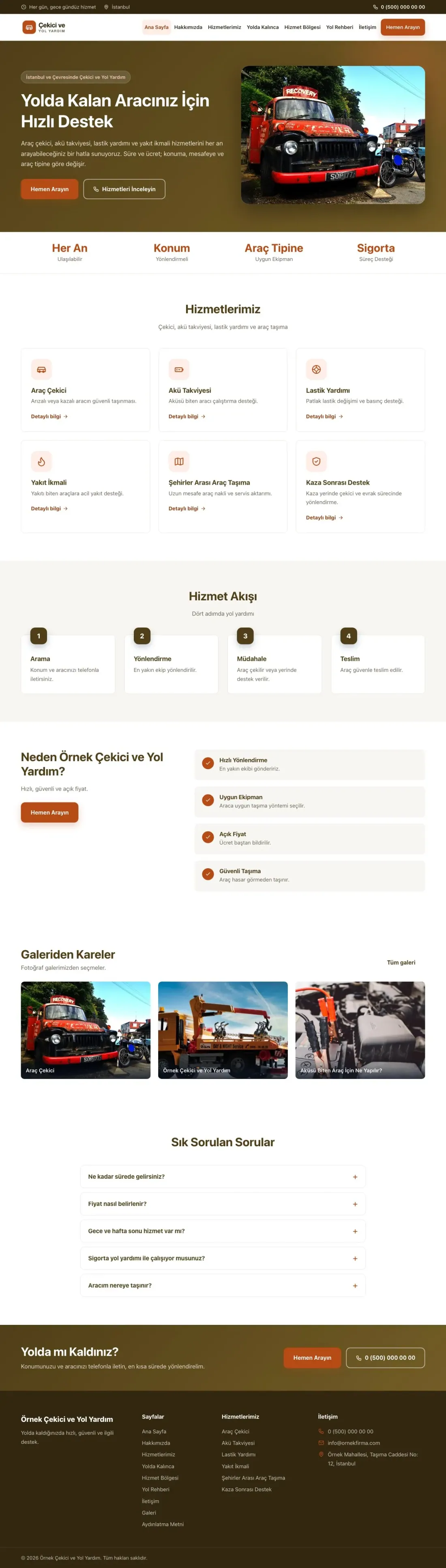 Çekici ve Yol Yardım için Klasik Kahve Turuncu – Çekici ve Yol Yardım Web Sitesi ana sayfa görünümü