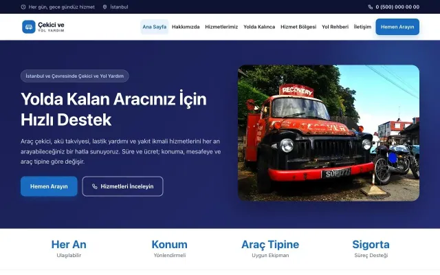 Çekici ve Yol Yardım için Klasik Lacivert Mavi – Çekici ve Yol Yardım Web Sitesi ana sayfa görünümü