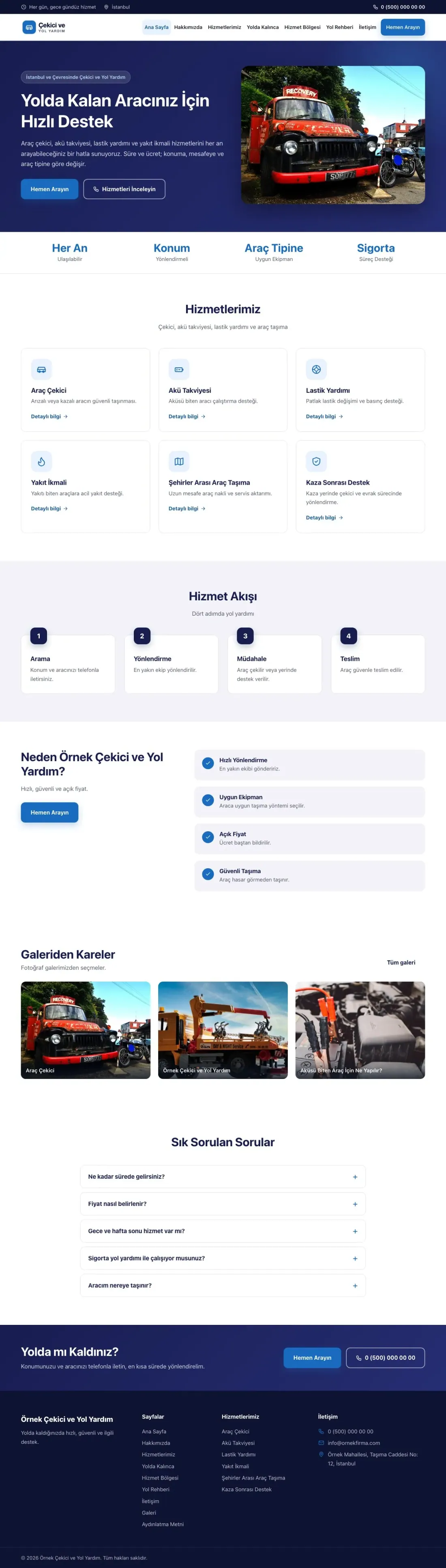 Çekici ve Yol Yardım için Klasik Lacivert Mavi – Çekici ve Yol Yardım Web Sitesi ana sayfa görünümü