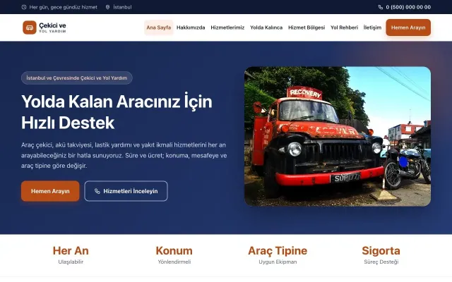 Çekici ve Yol Yardım için Klasik Mavi Turuncu – Çekici ve Yol Yardım Web Sitesi ana sayfa görünümü