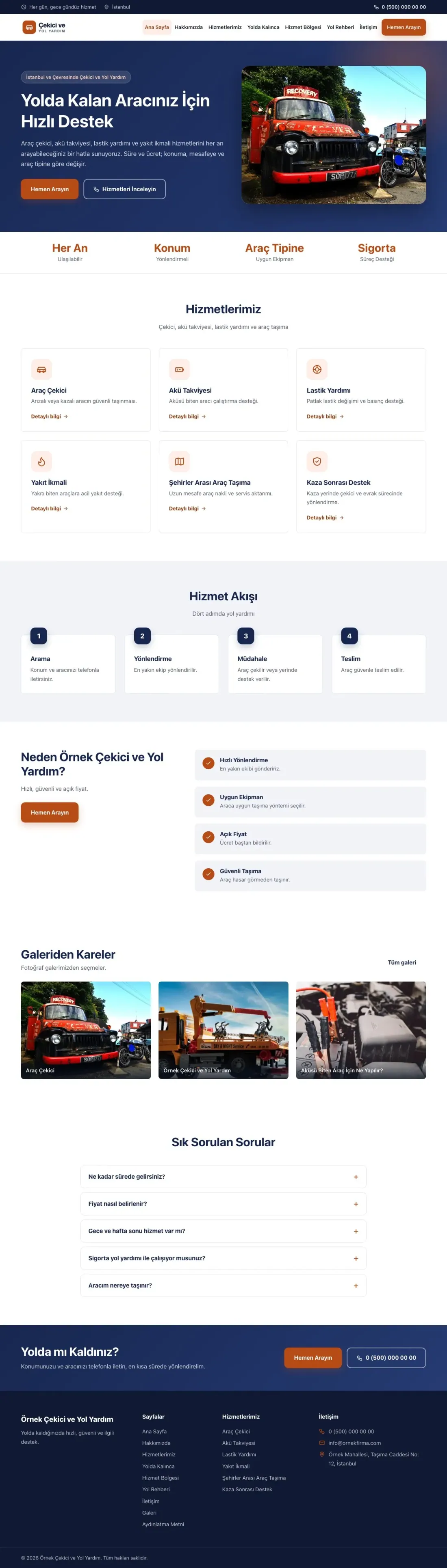 Çekici ve Yol Yardım için Klasik Mavi Turuncu – Çekici ve Yol Yardım Web Sitesi ana sayfa görünümü