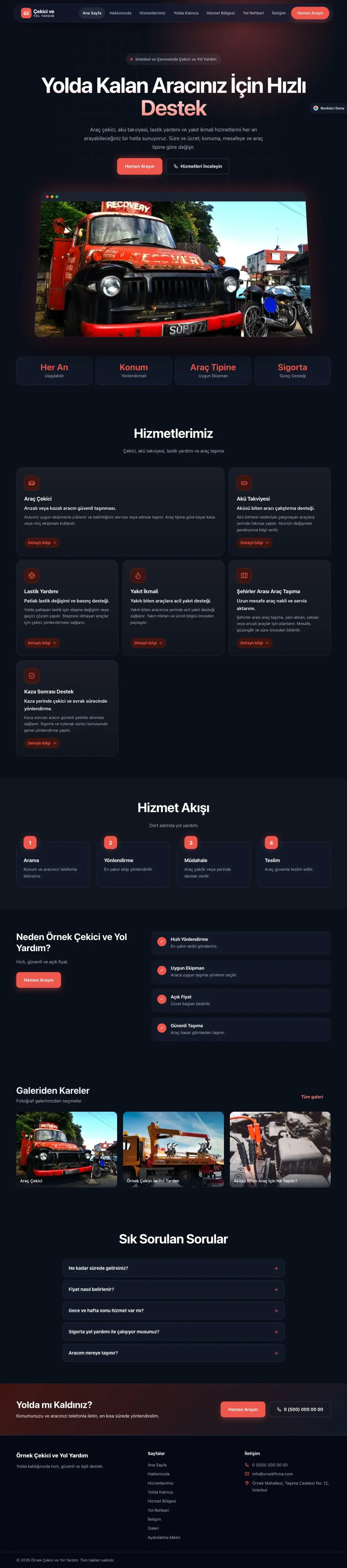 Çekici ve Yol Yardım için Koyu Modern Mavi Kırmızı – Çekici ve Yol Yardım Web Sitesi ana sayfa görünümü
