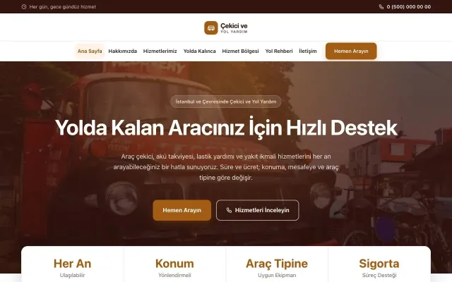 Çekici ve Yol Yardım için Merkez Bordo Turuncu – Çekici ve Yol Yardım Web Sitesi ana sayfa görünümü