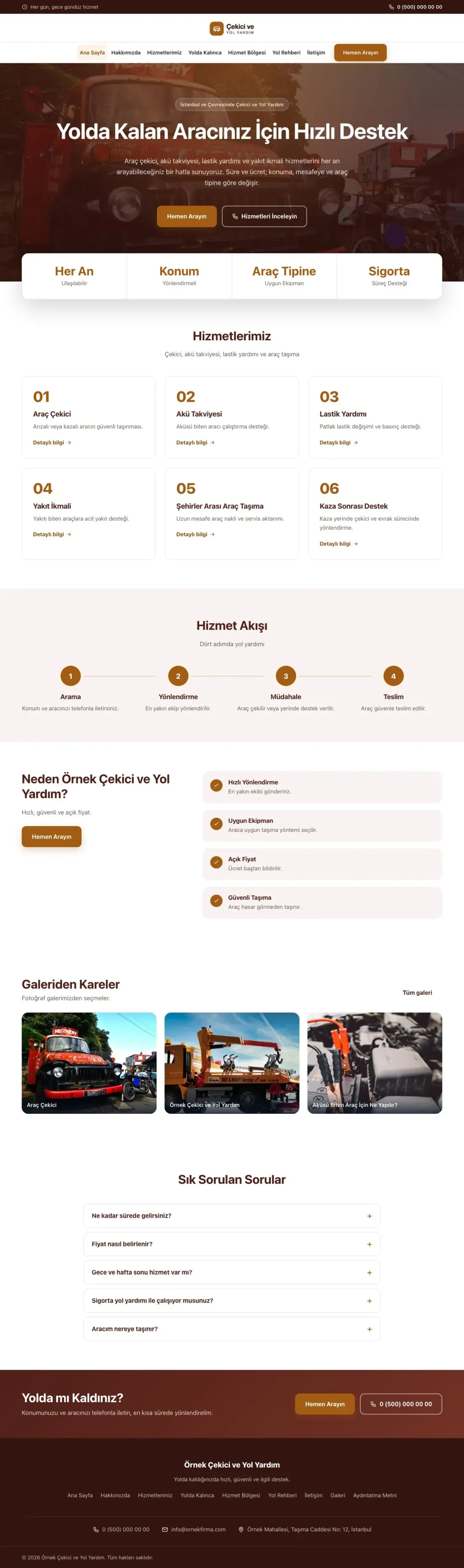 Çekici ve Yol Yardım için Merkez Bordo Turuncu – Çekici ve Yol Yardım Web Sitesi ana sayfa görünümü