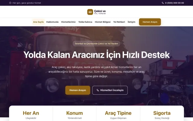Çekici ve Yol Yardım için Merkez Mor Turuncu – Çekici ve Yol Yardım Web Sitesi ana sayfa görünümü