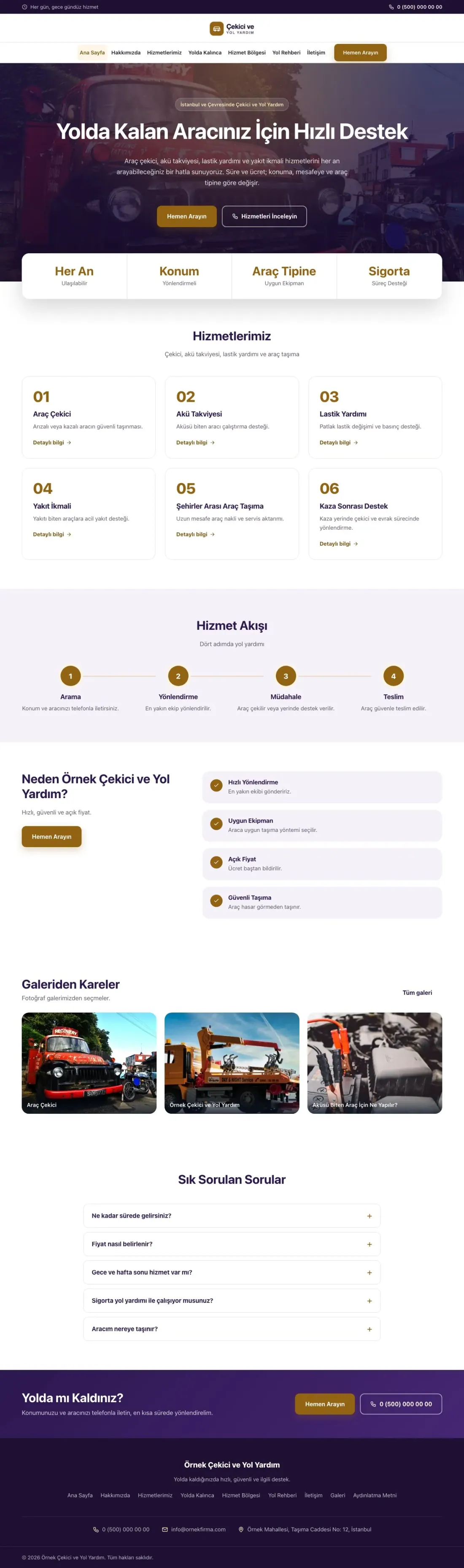 Çekici ve Yol Yardım için Merkez Mor Turuncu – Çekici ve Yol Yardım Web Sitesi ana sayfa görünümü