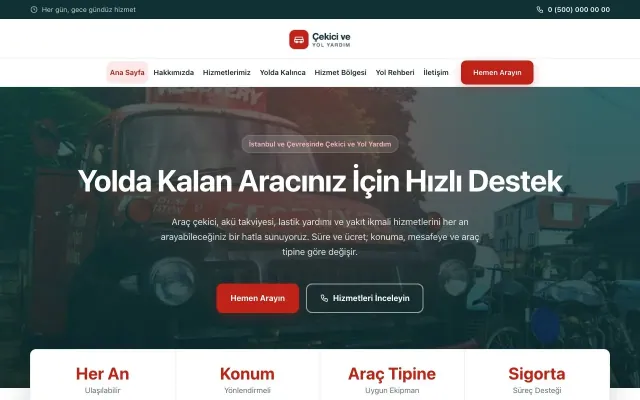 Çekici ve Yol Yardım için Merkez Petrol Kırmızı – Çekici ve Yol Yardım Web Sitesi ana sayfa görünümü