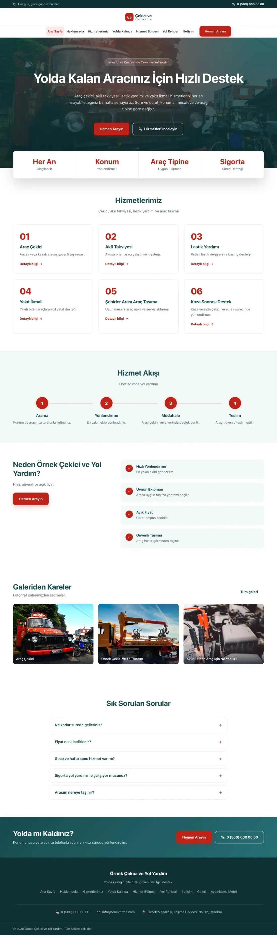 Çekici ve Yol Yardım için Merkez Petrol Kırmızı – Çekici ve Yol Yardım Web Sitesi ana sayfa görünümü