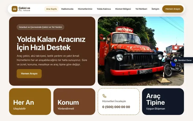 Çekici ve Yol Yardım için Mozaik Kahve Turuncu – Çekici ve Yol Yardım Web Sitesi ana sayfa görünümü