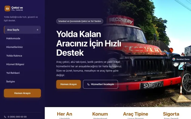Çekici ve Yol Yardım için Sol Menü Lacivert Turuncu – Çekici ve Yol Yardım Web Sitesi ana sayfa görünümü