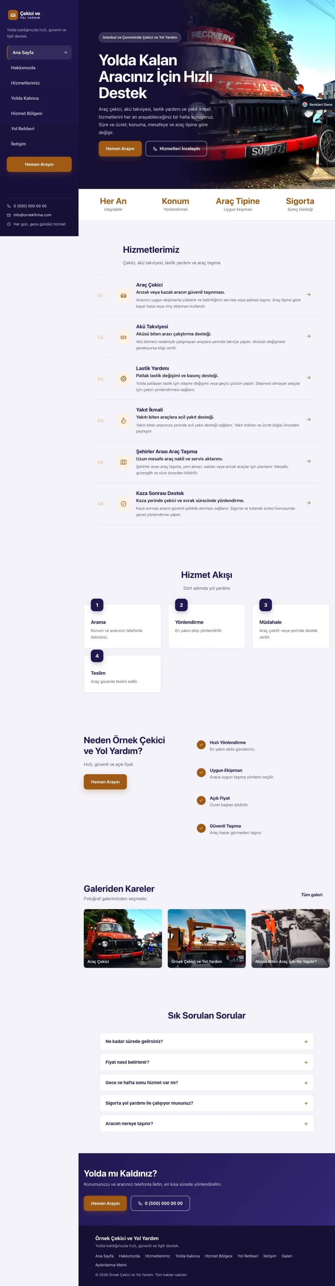 Çekici ve Yol Yardım için Sol Menü Lacivert Turuncu – Çekici ve Yol Yardım Web Sitesi ana sayfa görünümü
