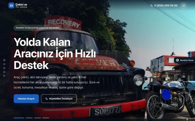 Çekici ve Yol Yardım için Tam Ekran Bordo Mavi – Çekici ve Yol Yardım Web Sitesi ana sayfa görünümü