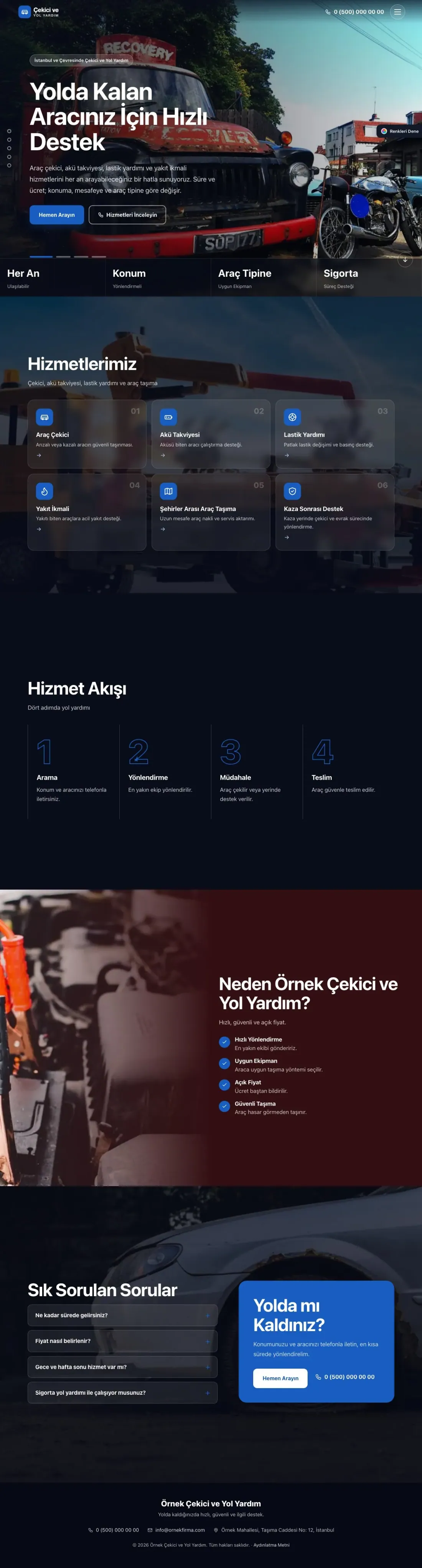 Çekici ve Yol Yardım için Tam Ekran Bordo Mavi – Çekici ve Yol Yardım Web Sitesi ana sayfa görünümü
