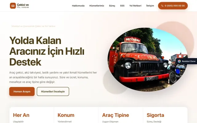 Çekici ve Yol Yardım için Tek Sayfa Kahve Turuncu – Çekici ve Yol Yardım Web Sitesi ana sayfa görünümü