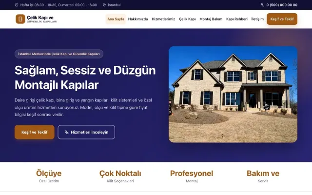 Çelik Kapı ve Güvenlik Kapıları için Klasik Lacivert Turuncu – Çelik Kapı ve Güvenlik Kapıları Web Sitesi ana sayfa görünümü