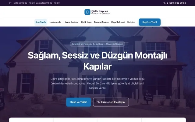 Çelik Kapı ve Güvenlik Kapıları için Merkez Mor Mavi – Çelik Kapı ve Güvenlik Kapıları Web Sitesi ana sayfa görünümü