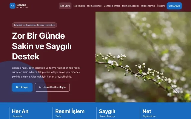 Cenaze Hizmetleri için Blok Bordo Mavi – Cenaze Hizmetleri Web Sitesi ana sayfa görünümü