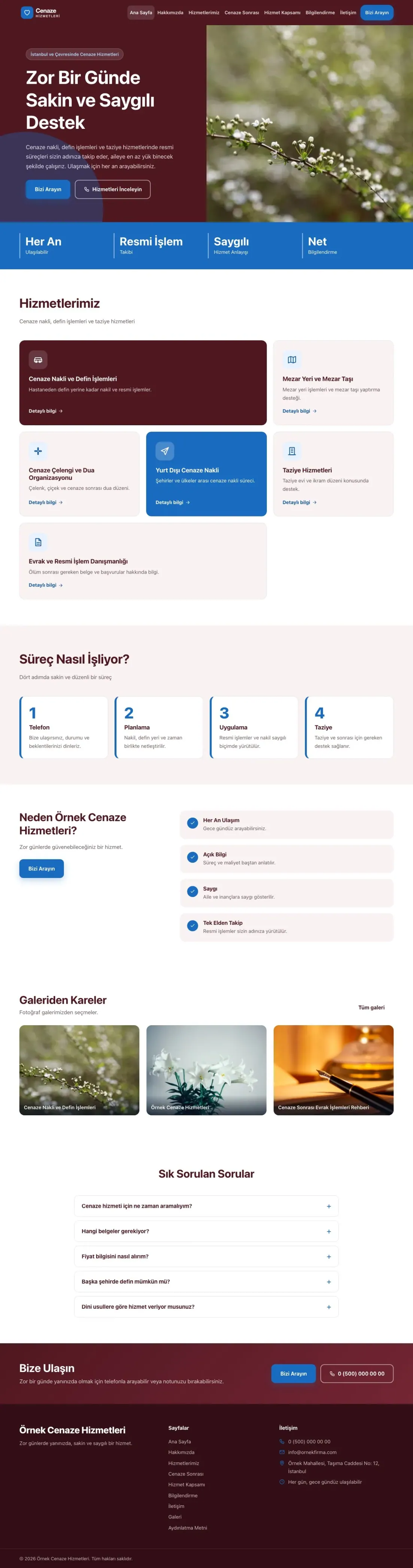 Cenaze Hizmetleri için Blok Bordo Mavi – Cenaze Hizmetleri Web Sitesi ana sayfa görünümü