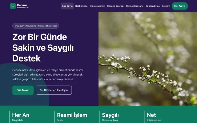 Cenaze Hizmetleri için Blok Mor Turkuaz – Cenaze Hizmetleri Web Sitesi ana sayfa görünümü