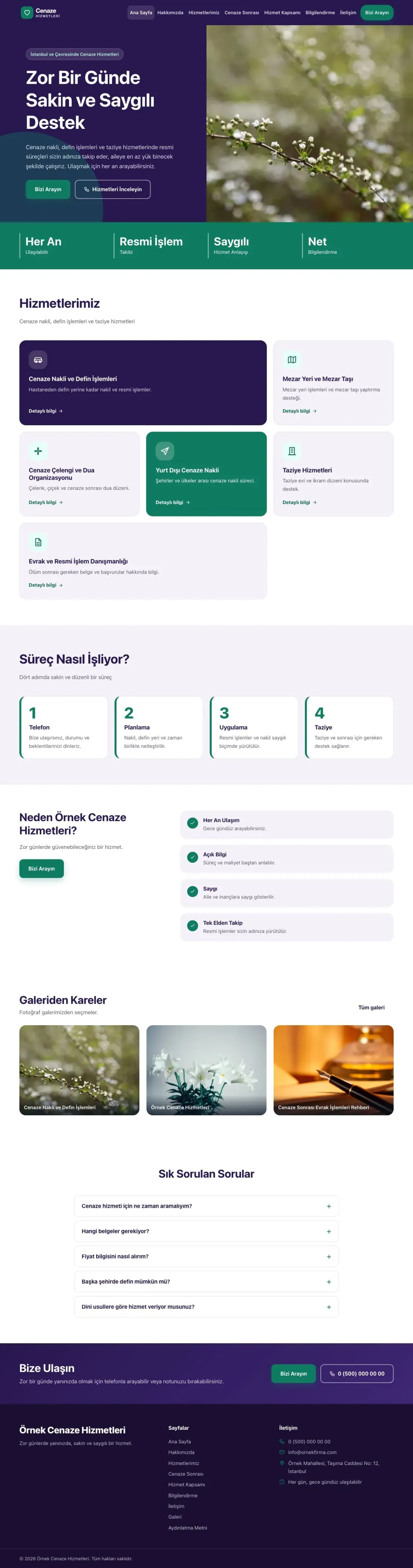 Cenaze Hizmetleri için Blok Mor Turkuaz – Cenaze Hizmetleri Web Sitesi ana sayfa görünümü