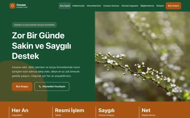 Cenaze Hizmetleri için Blok Yeşil Turuncu – Cenaze Hizmetleri Web Sitesi ana sayfa görünümü
