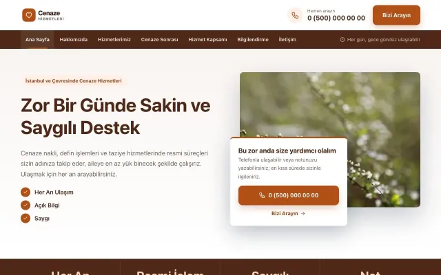 Cenaze Hizmetleri için Bölünmüş Kahve Turuncu – Cenaze Hizmetleri Web Sitesi ana sayfa görünümü
