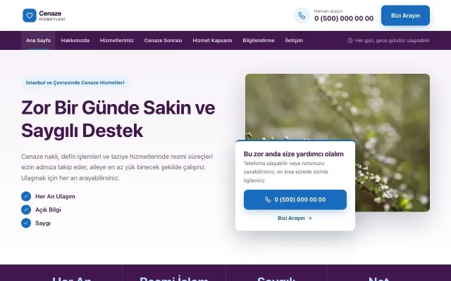 Cenaze Hizmetleri için Bölünmüş Mor Mavi – Cenaze Hizmetleri Web Sitesi ana sayfa görünümü