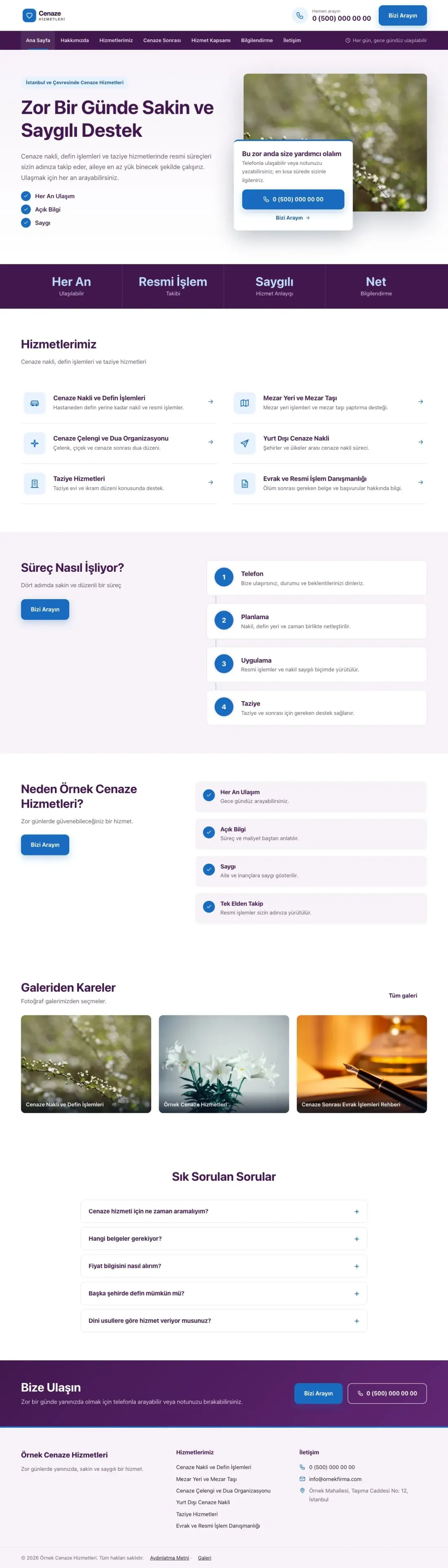 Cenaze Hizmetleri için Bölünmüş Mor Mavi – Cenaze Hizmetleri Web Sitesi ana sayfa görünümü