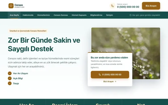 Cenaze Hizmetleri için Bölünmüş Petrol Turuncu – Cenaze Hizmetleri Web Sitesi ana sayfa görünümü