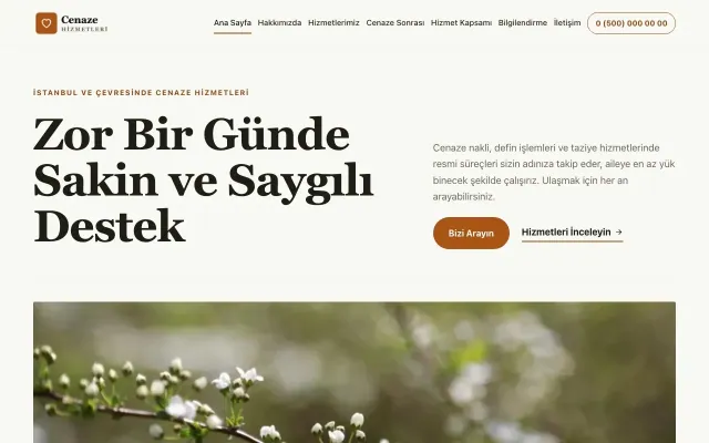 Cenaze Hizmetleri için Dergi Editoryal Zeytin Turuncu – Cenaze Hizmetleri Web Sitesi ana sayfa görünümü