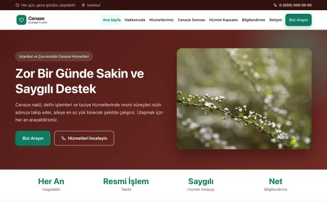 Cenaze Hizmetleri için Klasik Bordo Turkuaz – Cenaze Hizmetleri Web Sitesi ana sayfa görünümü