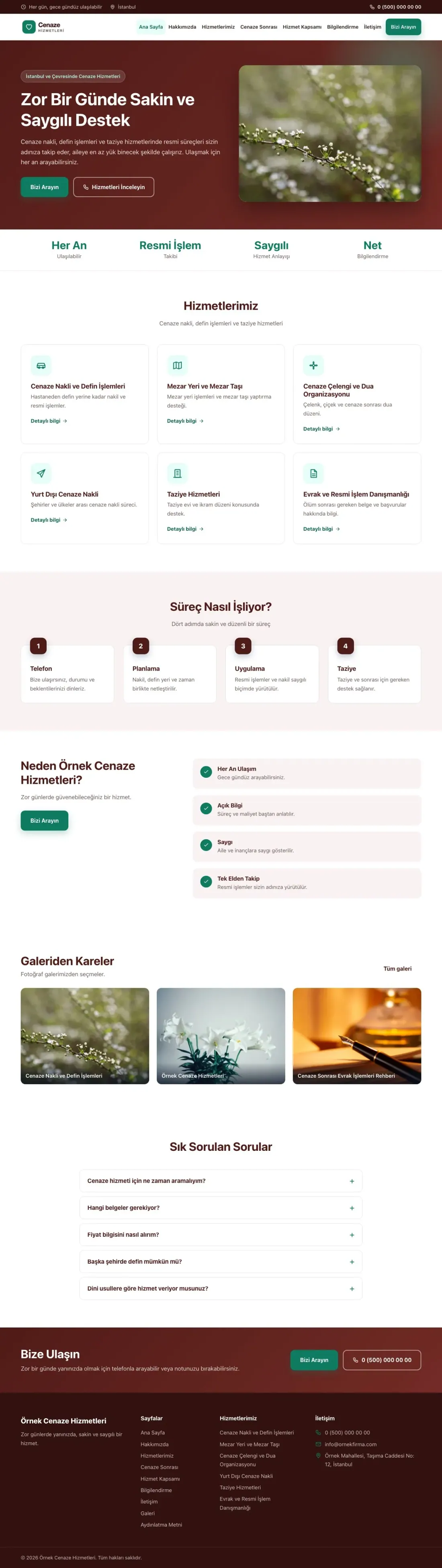 Cenaze Hizmetleri için Klasik Bordo Turkuaz – Cenaze Hizmetleri Web Sitesi ana sayfa görünümü