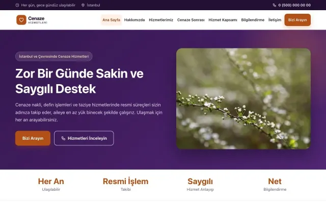 Cenaze Hizmetleri için Klasik Mor Turuncu – Cenaze Hizmetleri Web Sitesi ana sayfa görünümü