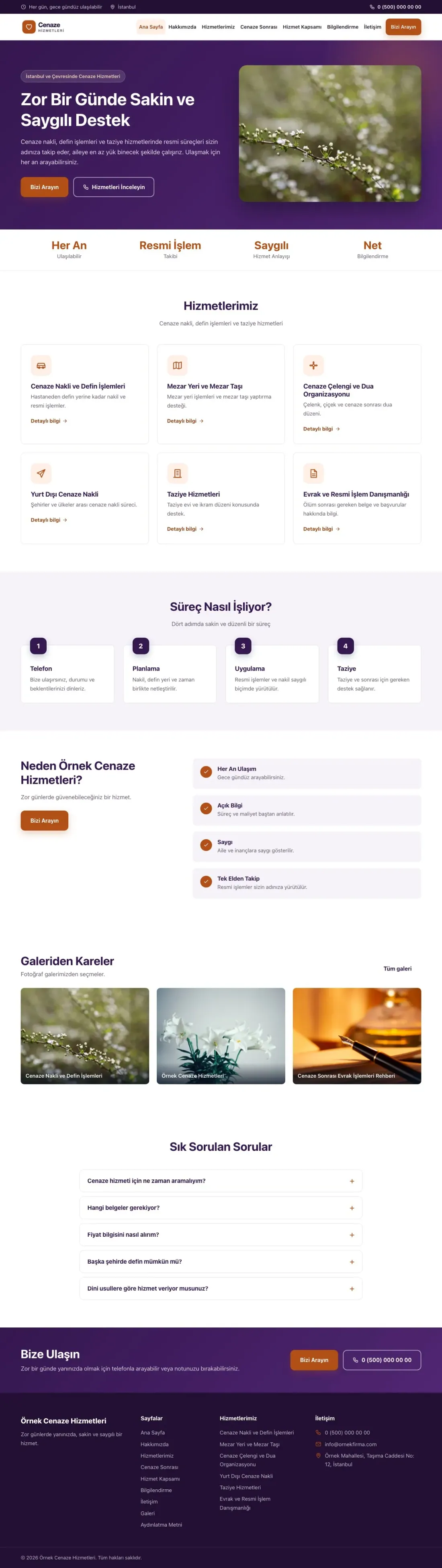 Cenaze Hizmetleri için Klasik Mor Turuncu – Cenaze Hizmetleri Web Sitesi ana sayfa görünümü