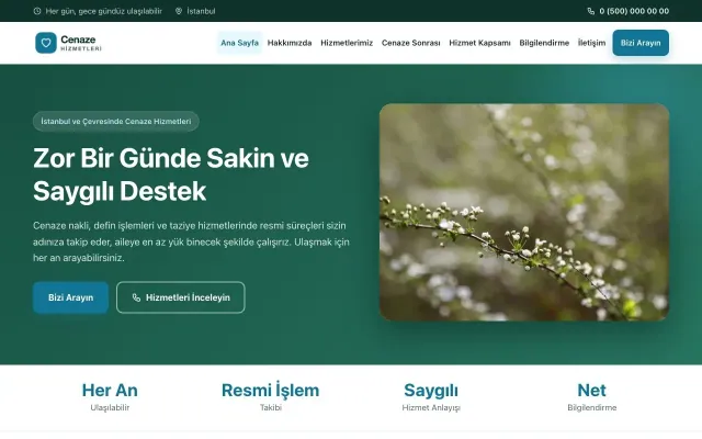 Cenaze Hizmetleri için Klasik Petrol Turkuaz – Cenaze Hizmetleri Web Sitesi ana sayfa görünümü