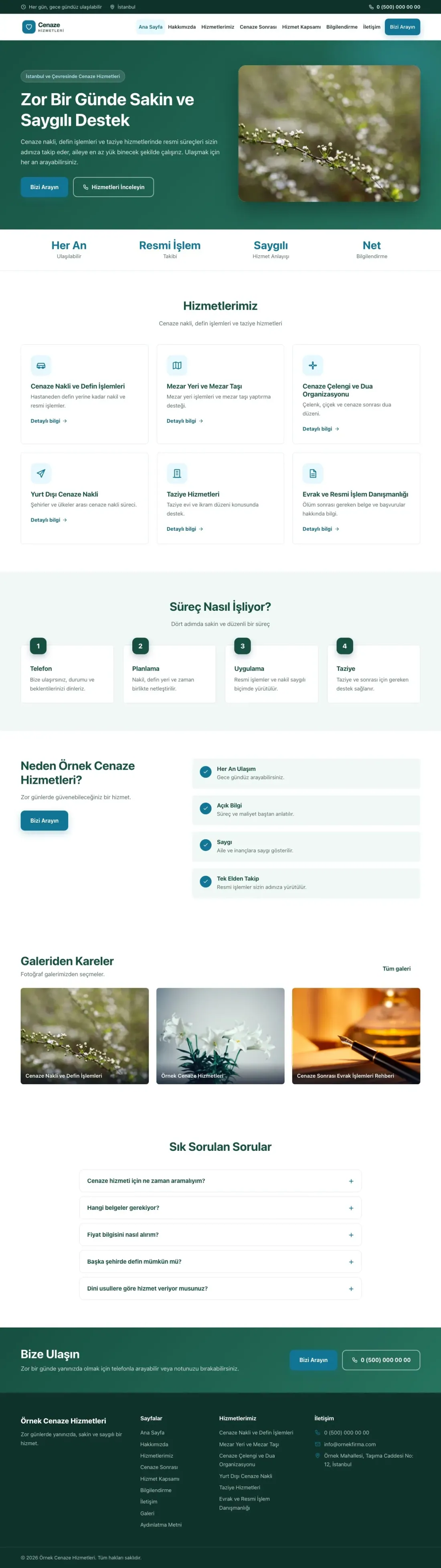 Cenaze Hizmetleri için Klasik Petrol Turkuaz – Cenaze Hizmetleri Web Sitesi ana sayfa görünümü