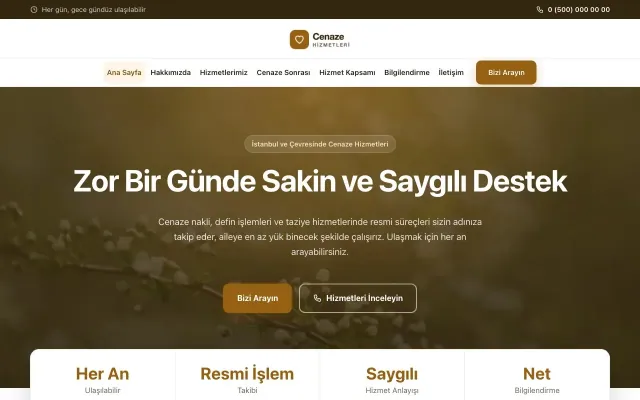 Cenaze Hizmetleri için Merkez Kahve Turuncu – Cenaze Hizmetleri Web Sitesi ana sayfa görünümü